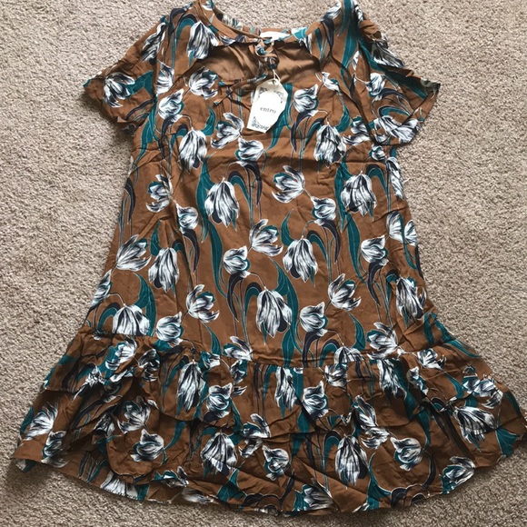 Floral Linen Cheongsam Ruffle Tier Mocha Brown Leafy Green Women's Doll Dress - Picture 6 of 7